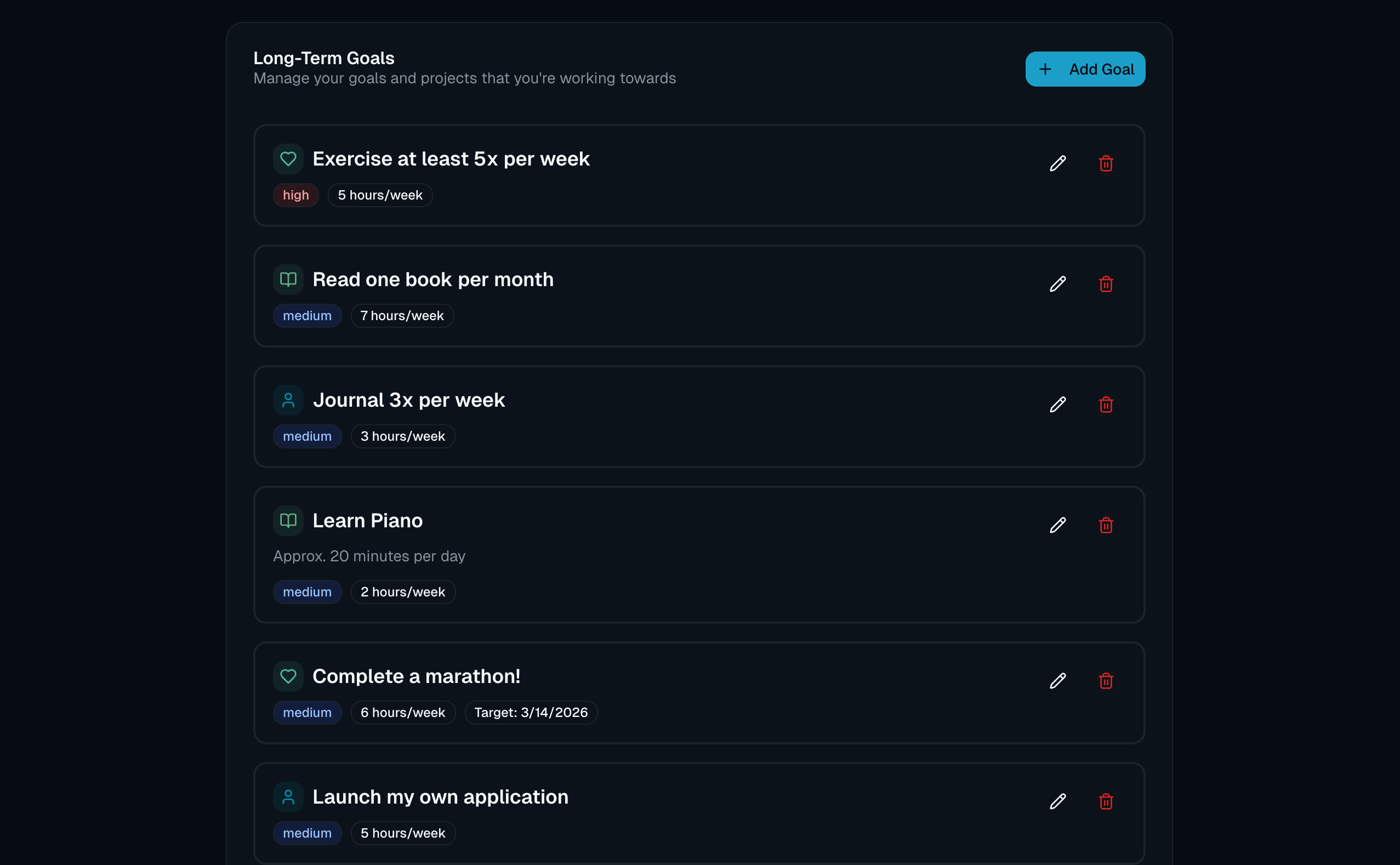 Long-term goals and progress tracking