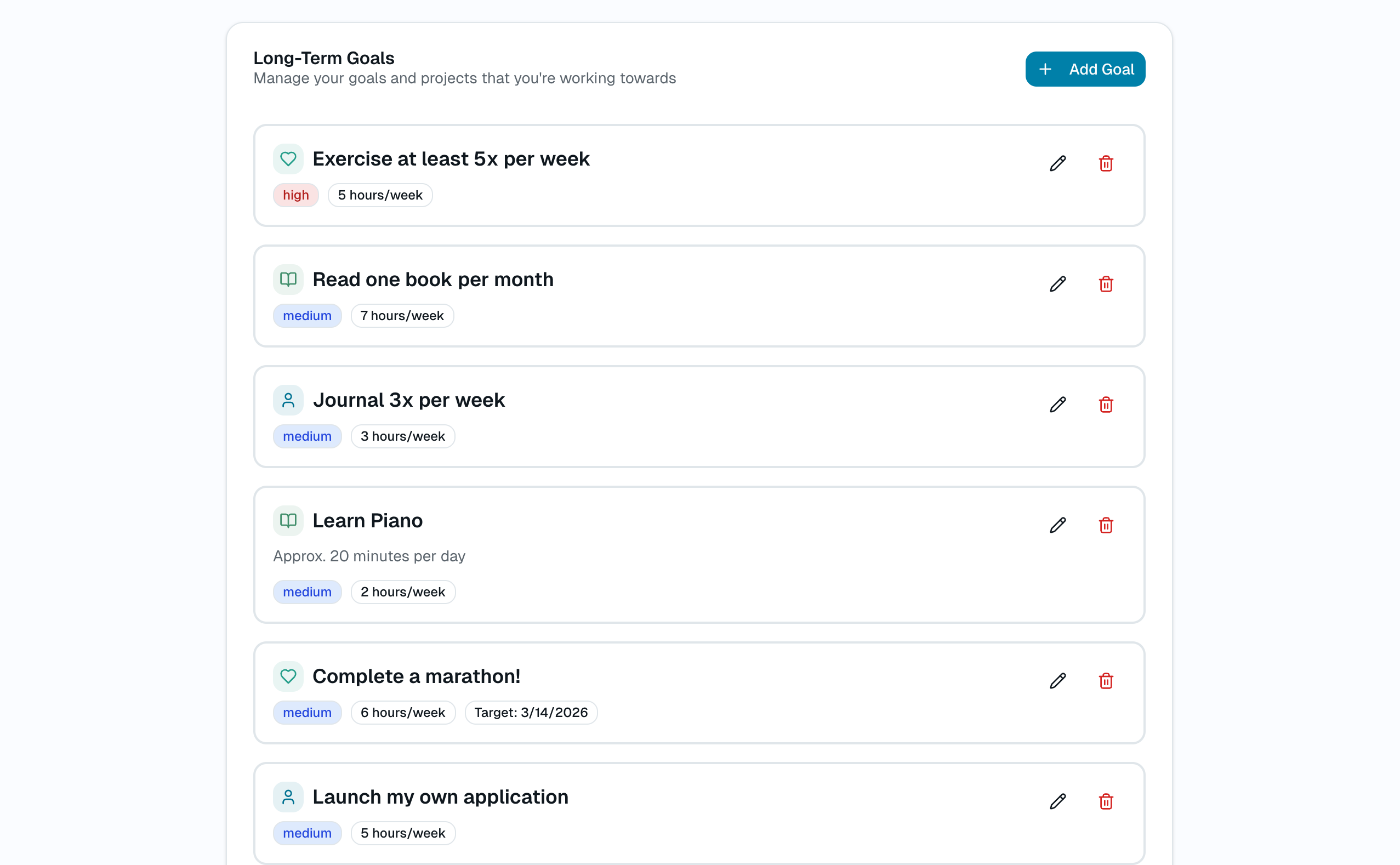 Long-term goals and progress tracking