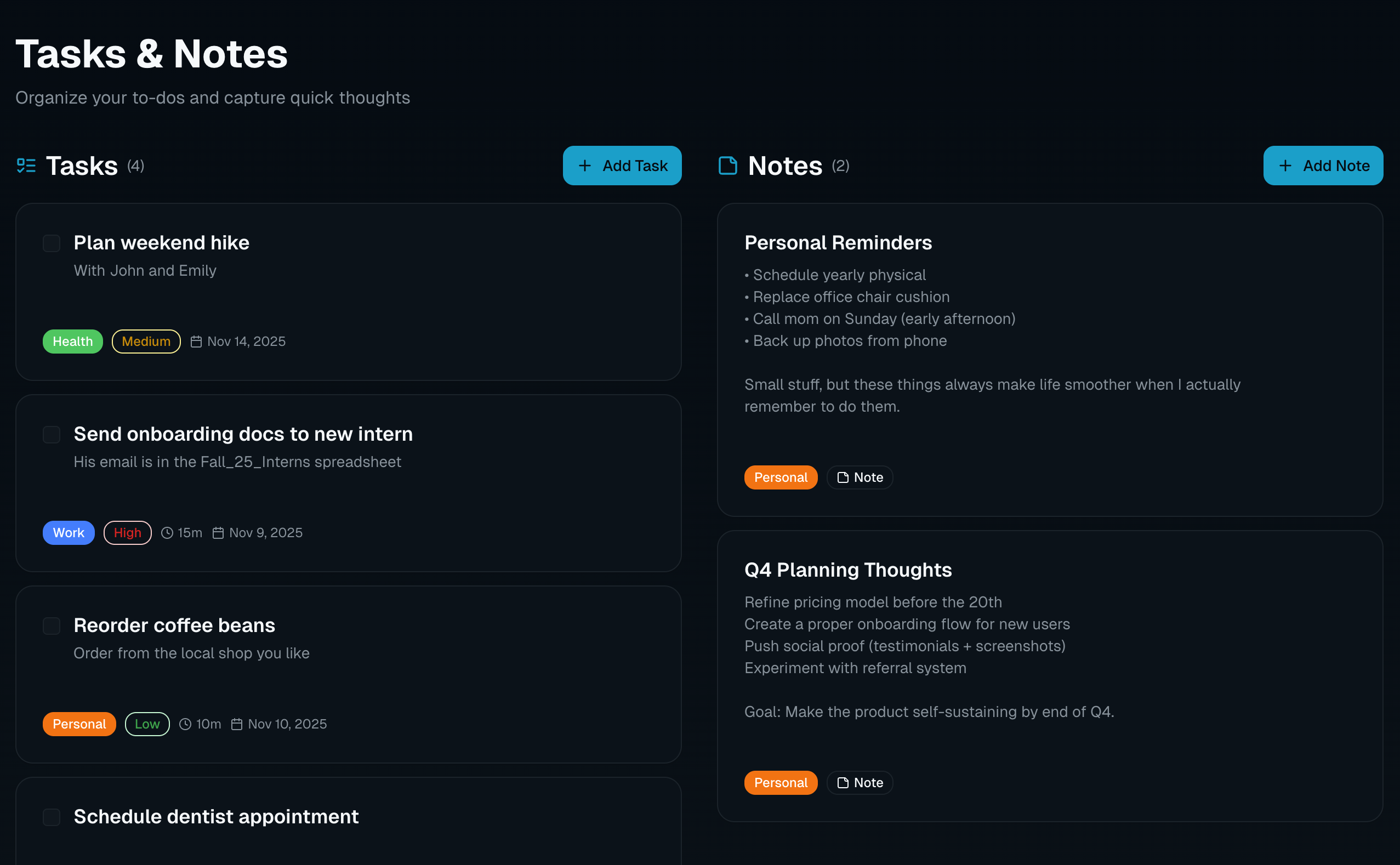 Task and notes management interface