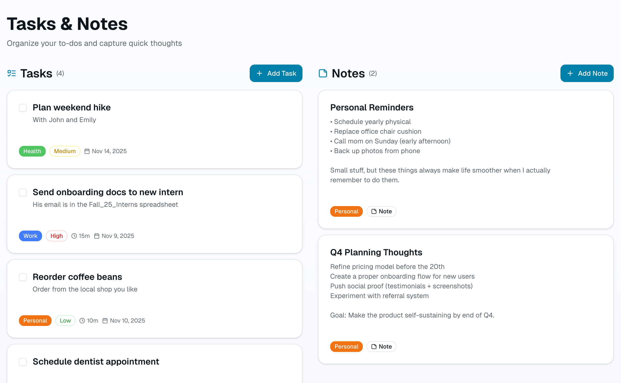 Task and notes management interface